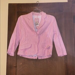 American eagle pink blazer with white pinstripes